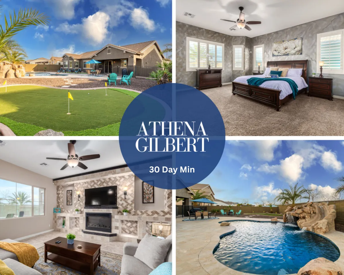The image showcases a stunning backyard oasis at sunset, featuring a sparkling heated pool with a slide, a lush putting green for golf practice, and inviting views of a cozy living room with a fireplace. Comfortable seating areas are visible both inside and out, with blue accents in the bedroom hinting at stylish, restful accommodations.